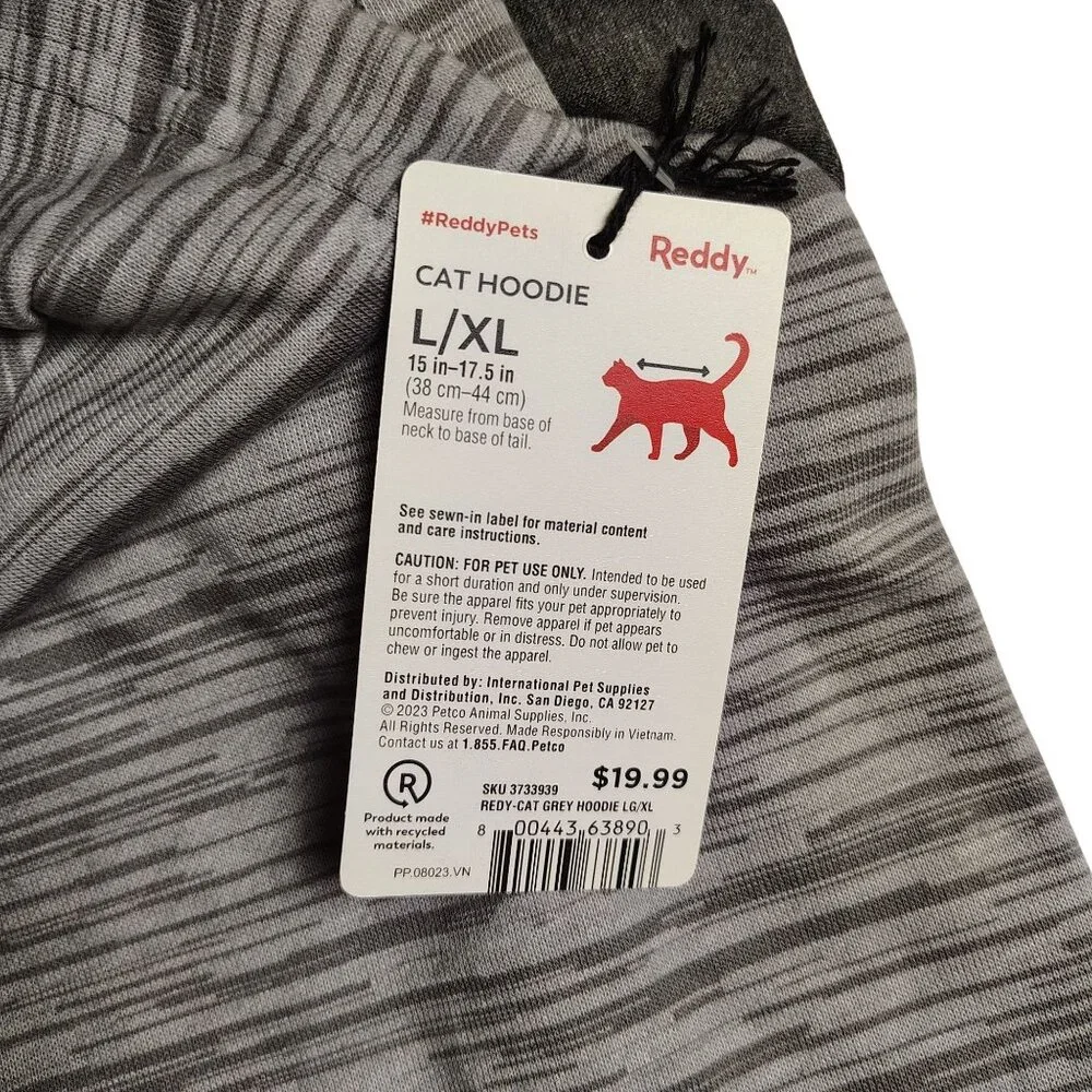 Reddy Cat L/XL Pet Hoodie Gray and Charcoal Striped Design